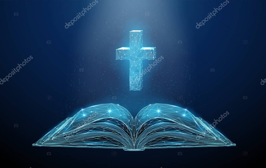 Abstract open bible with cross. Low poly style design. Abstract geometric background. Wireframe light connection structure. Modern 3d graphic concept. Isolated vector illustration.