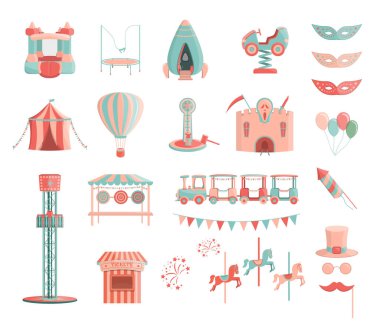 Vector cartoon amusement park rides icon set.