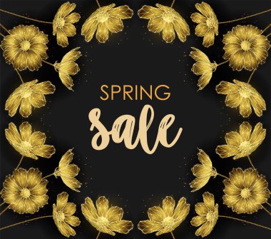 Düşük polimerli altın çiçek çerçevesi. Bahar satışı şablonu