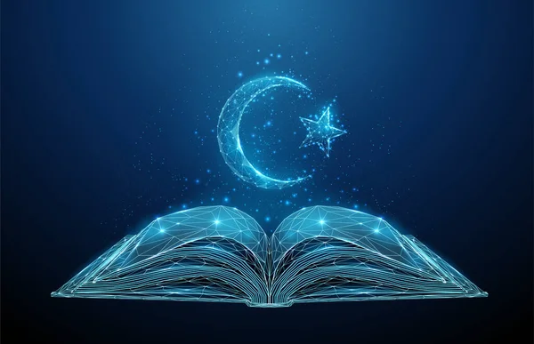 Streszczenie otwartej książki korah z islamskim symbolem półksiężyca i gwiazdy — Wektor stockowy