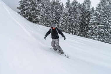 Pudra kar tepesinden snowboardcu geliyor. Dağ sporu snowboard 'u. Kış Karpatları
