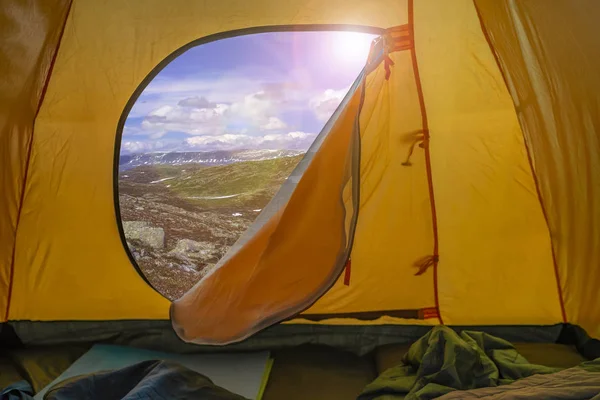 Hiking travel concept on summer vacation. View from tent - beaut — Stock Photo, Image