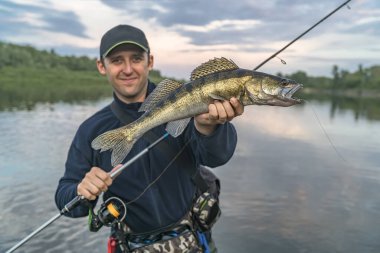 Walleye fishing. Happy fisherman with zander fish at river clipart