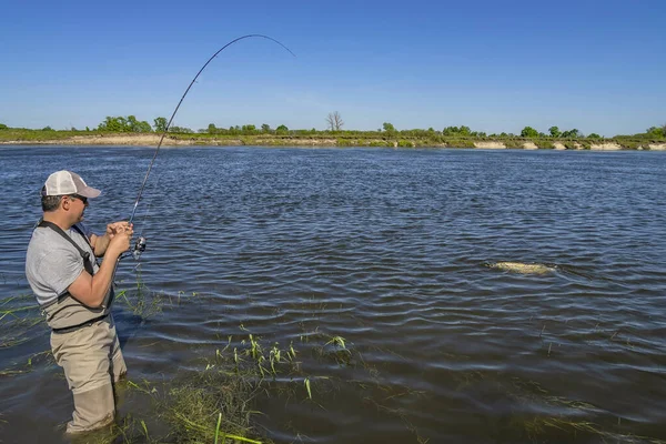 大きなパイク釣り 漁師は川で魚を釣る — ストック写真