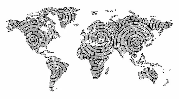 Illustrazione grafica doodle in bianco e nero della mappa del mondo — Vettoriale Stock