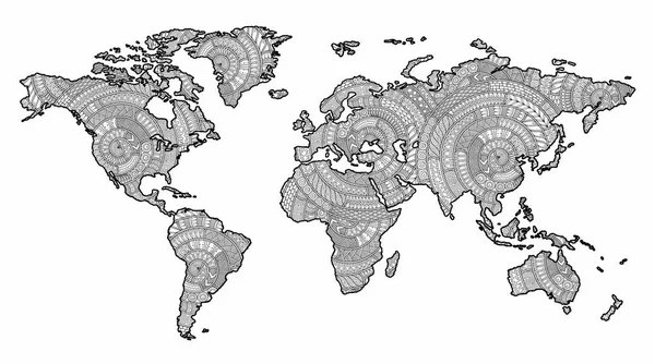Μαύρο και άσπρο doodle γραφική απεικόνιση του χάρτη του κόσμου — Διανυσματικό Αρχείο