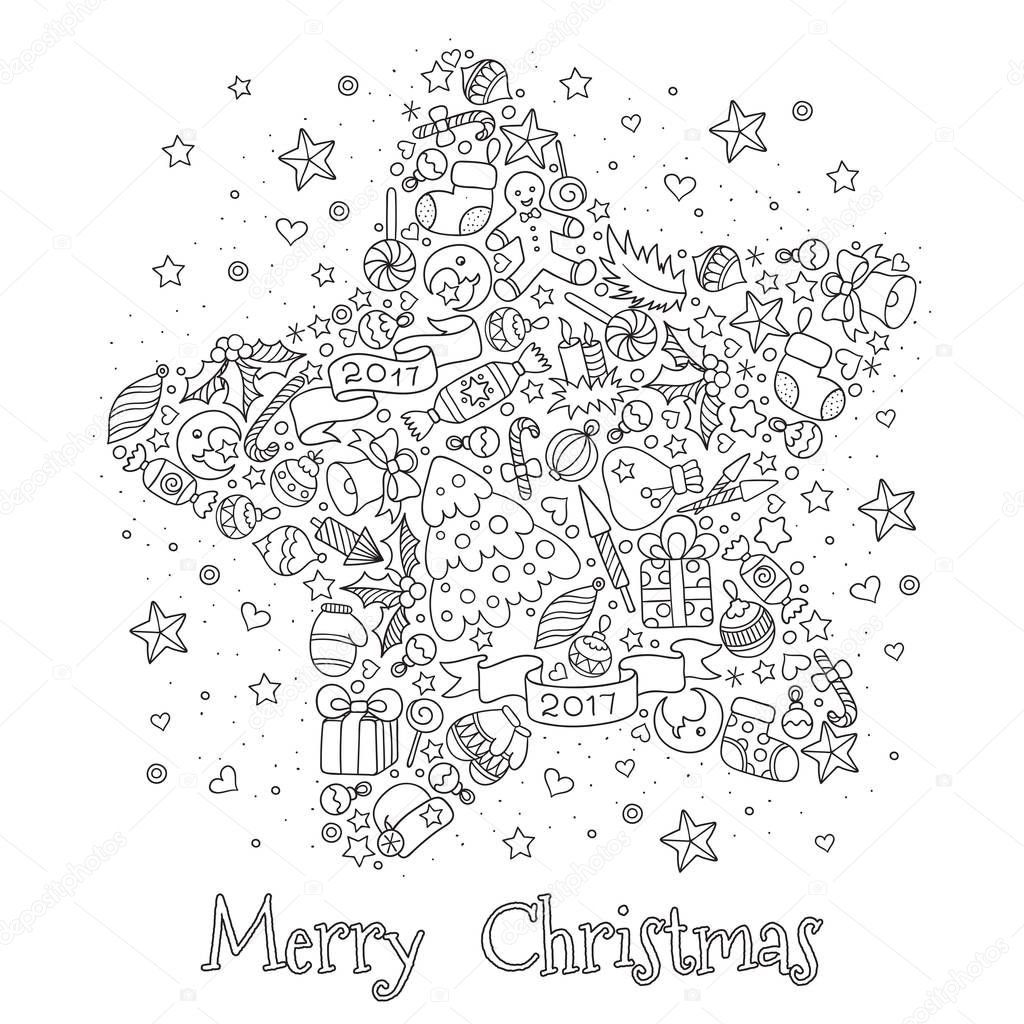 Pattern for coloring book. Christmas hand-drawn decorative eleme