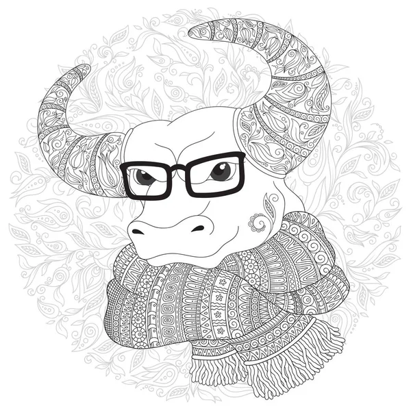 Taureau dans un foulard et des lunettes . — Image vectorielle