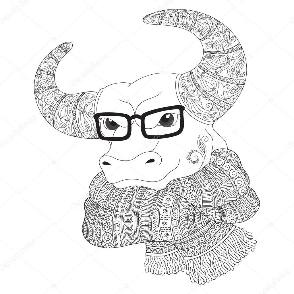 Bull  in a scarf and glasses. 