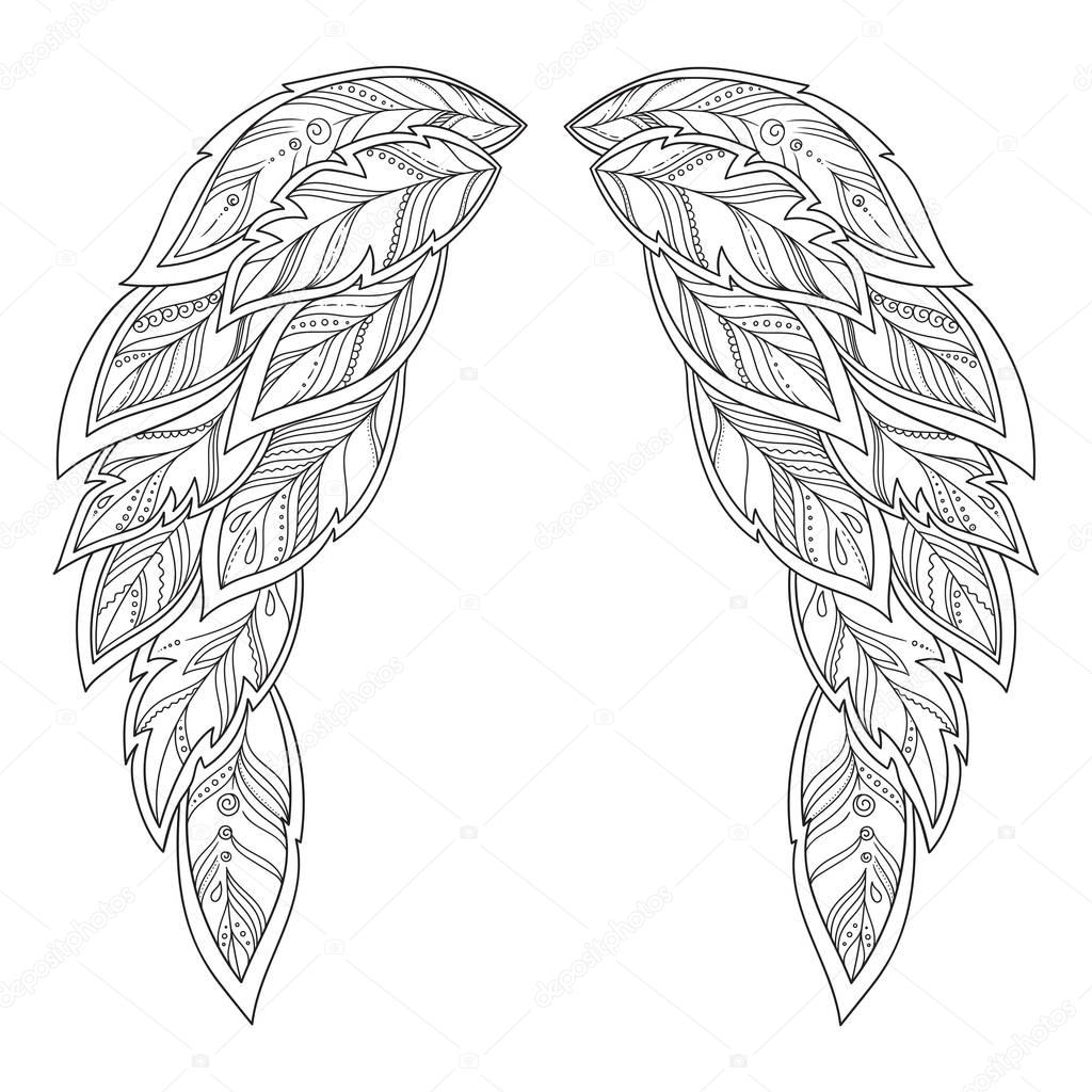 Wings feather. Pattern for coloring book.