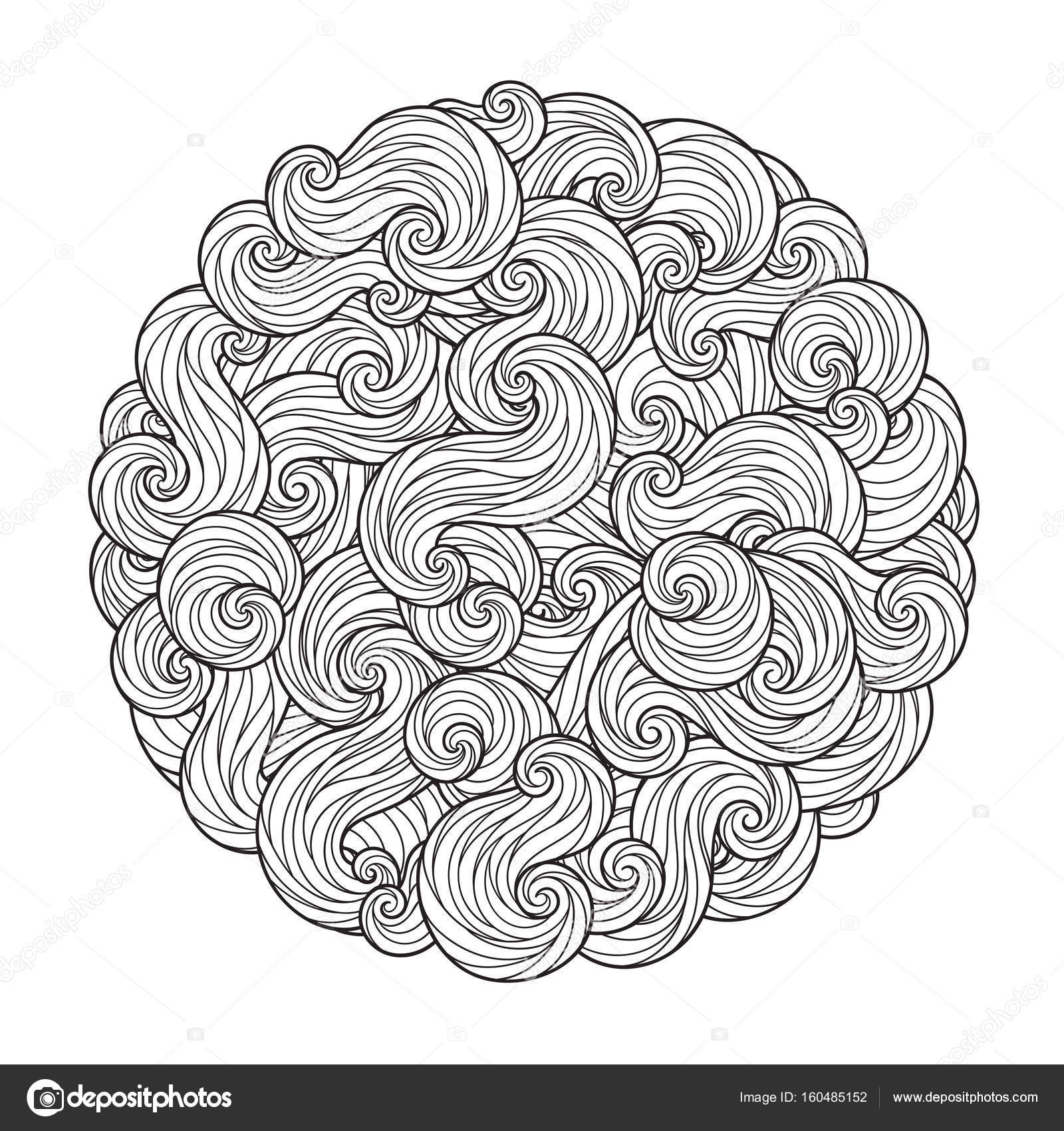 Mandala di onda mare rotondo astratto con riccioli turbinii peli isolati su priorit  bassa bianca Libro da colorare per adulti e piccini