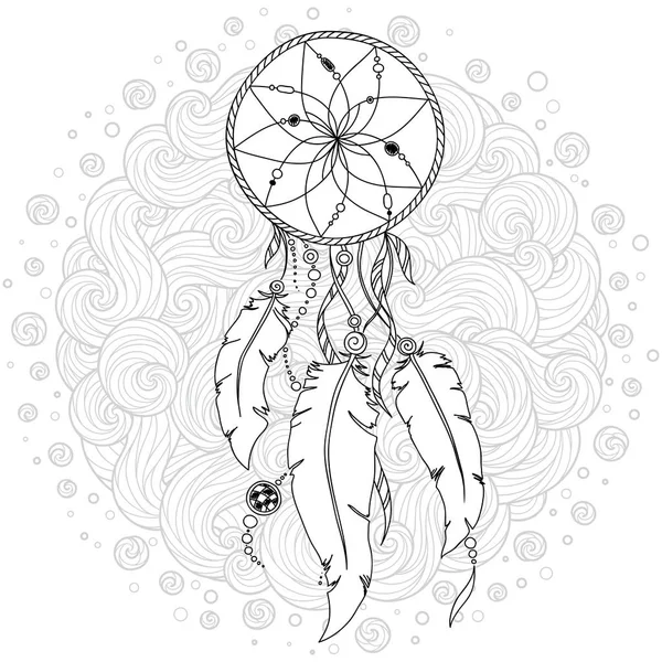 Hand getrokken monochroom Dreamcatcher geïsoleerd op witte achtergrond. — Stockvector