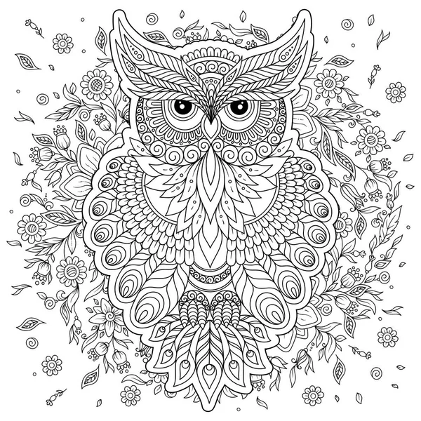 Coloriage avec chouette mignonne et cadre floral . — Image vectorielle