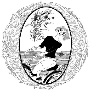 Desen kitap yetişkin renklendirme için. Vintage kız bir bisiklet ile gidiyor