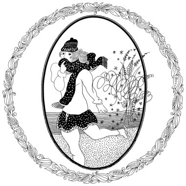Boyama kitabı için desen. Vintage kız paten.