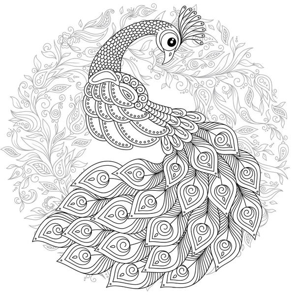 Peacock in zentangle style. Adult antistress coloring page. — Stock Vector