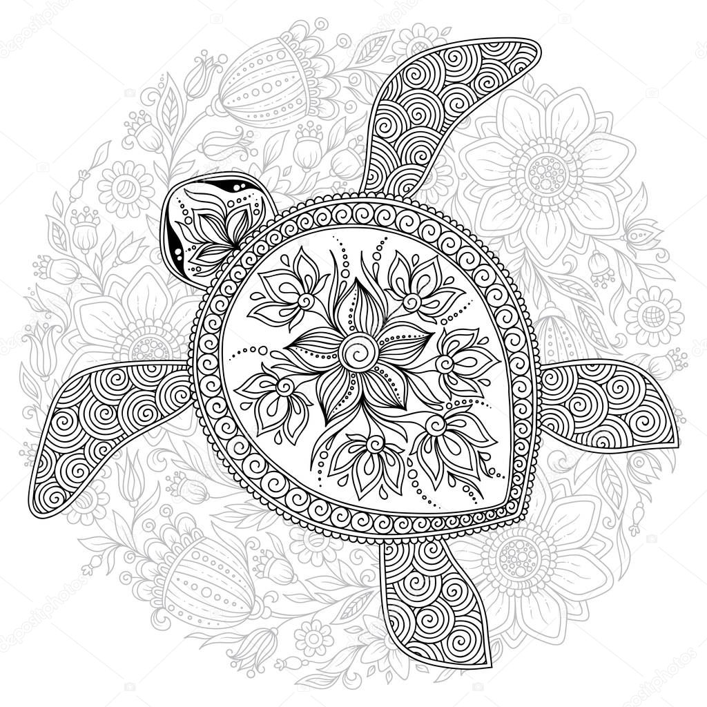 Vector illustration of sea turtle for Coloring book pages for kids and adults, Tattoo, shirt design effect, logo and decoration.