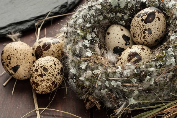 Oeufs de caille dans un nid sur un vieux fond en bois gros plan — Photo
