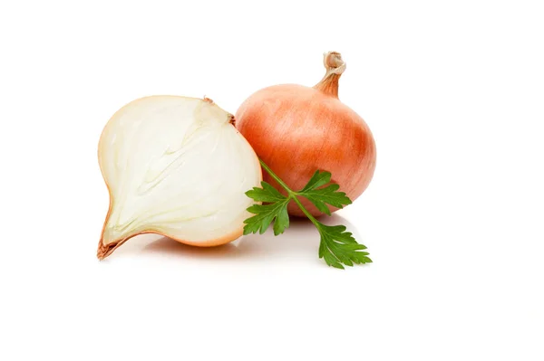 Sliced onion with parsley greenery isolated on white background — Stock Photo, Image