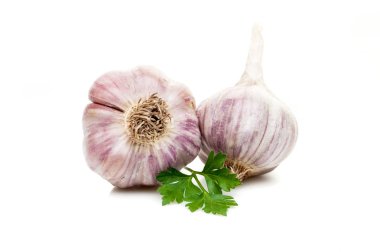 Beyaz arka plan üzerinde izole maydanoz yeşil sarımsak