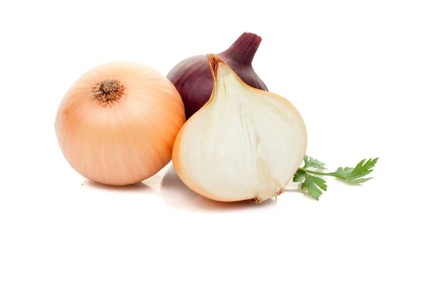 Red sliced onion  with parsley greenery isolated on white backgr — Stock Photo, Image