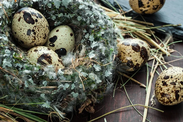bıldırcın yumurtası eski ahşap arka plan yakın çekim üzerinde bir yuva