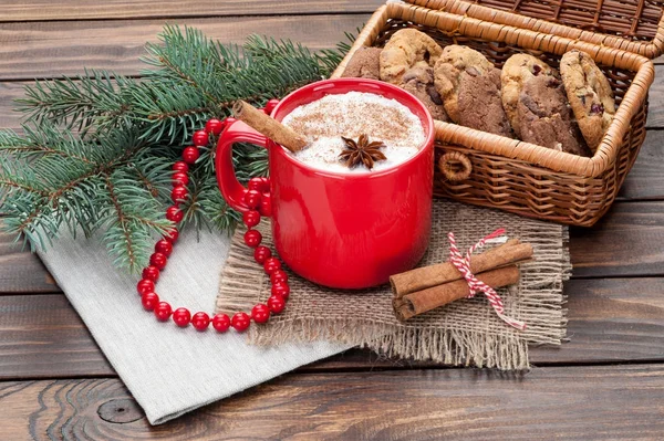 Eggnog cocktail in  mug arranged with christmas decoration and c — Stock Photo, Image