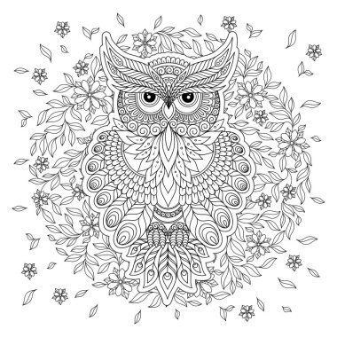  Şirin baykuş ve çerçeve çiçek boyama sayfası.