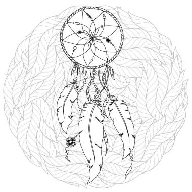 Elle çizilmiş tek renkli Dreamcatcher beyaz arka plan üzerinde izole..