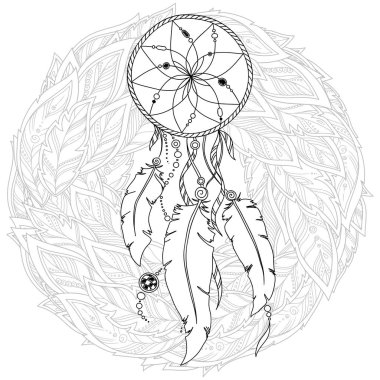 Elle çizilmiş tek renkli Dreamcatcher beyaz arka plan üzerinde izole..