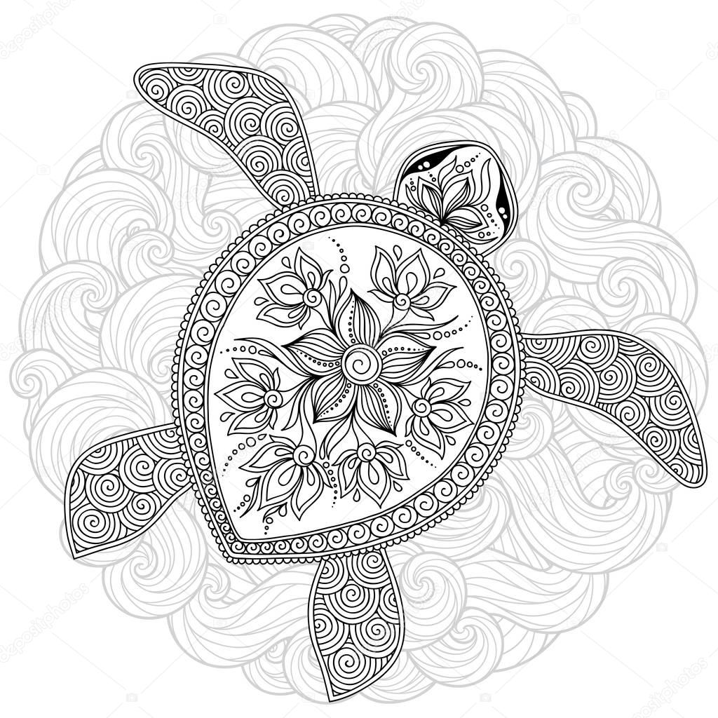Pattern for coloring book. Coloring book pages for kids and adults. Decorative graphic turtle. Henna Mehndi Tattoo Style Doodles