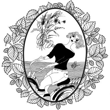 Desen kitap yetişkin renklendirme için. Vintage kız bir bisiklet ile gidiyor