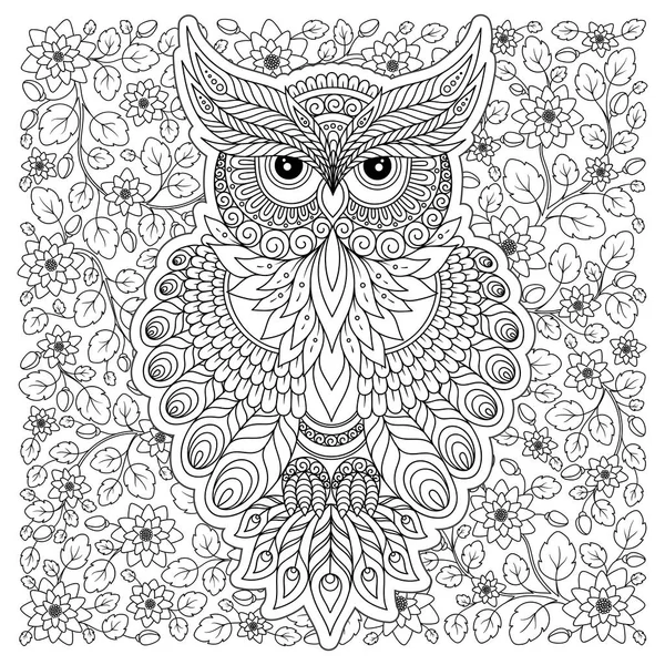 Coloriage avec chouette mignonne et cadre floral . — Image vectorielle