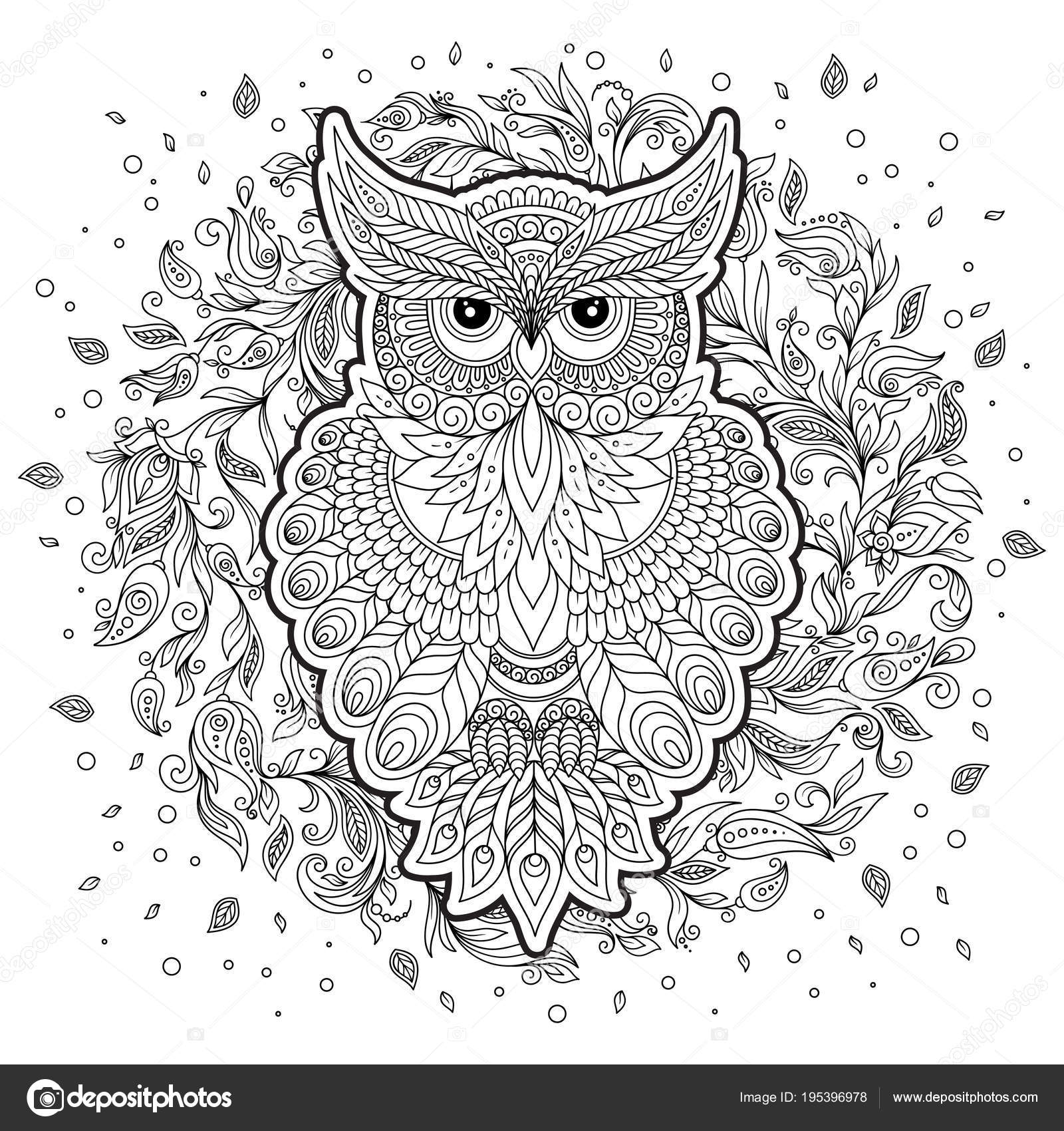 Kleurplaat Met Schattige Uil En Florale Frame Stockvector