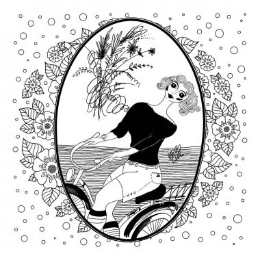 Desen kitap yetişkin renklendirme için. Vintage kız bir bisiklet ile gidiyor