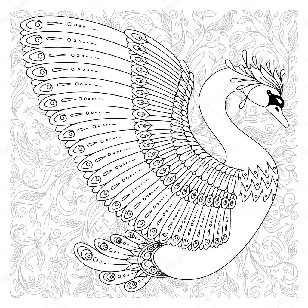Hand drawn decorated swan.  Image for adult coloring books, page