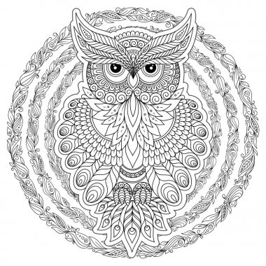  Şirin baykuş ve çerçeve çiçek boyama sayfası.