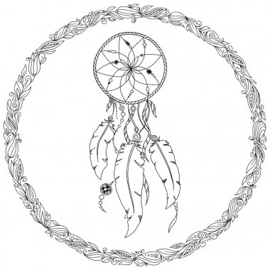 Elle çizilmiş tek renkli Dreamcatcher beyaz arka plan üzerinde izole..