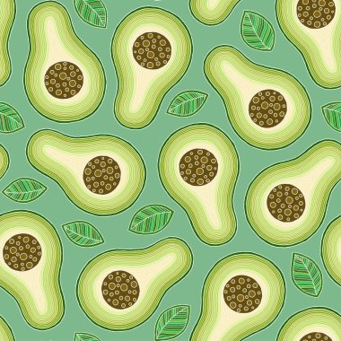 Yeşil arkaplanda Avokado çizgi filmi kusursuz desen.