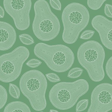 Yeşil bir bac üzerinde elle çizilmiş karikatür avokado dikişsiz desen