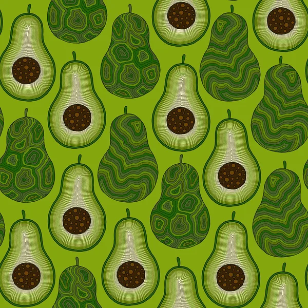 Patrón sin costura de dibujos animados de aguacate sobre fondo verde . — Vector de stock