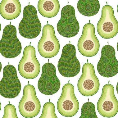 Dikişsiz avokado deseni, avokado dilimleri, beyaz backgr yaprakları