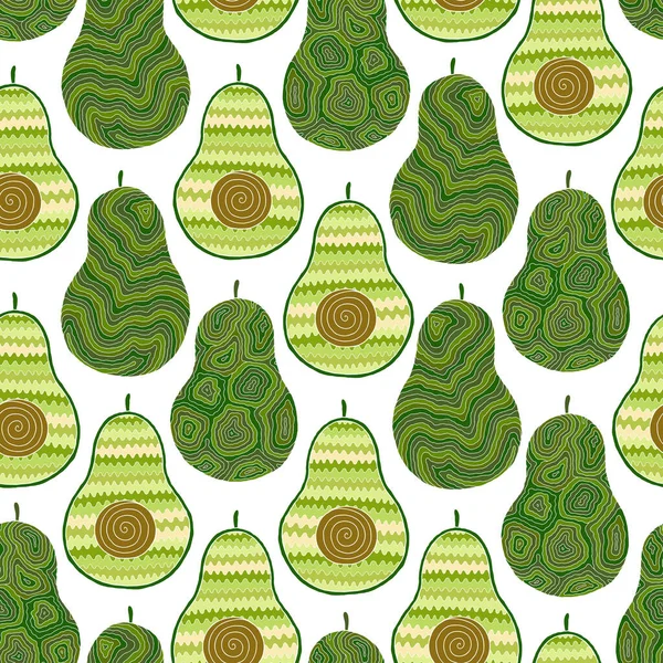 Бесшовный рисунок авокадо, ломтики авокадо, листья на белом бэкгре — стоковый вектор