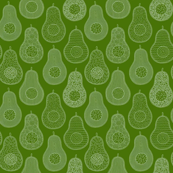 Seamless pattern from hand-drawn cartoon avocados on a green bac — Stock Vector