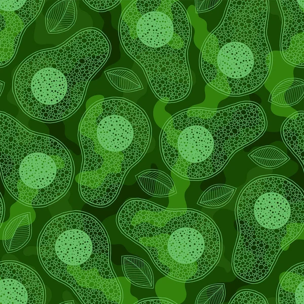 Avocado cartoon seamless pattern on green background. — ストックベクタ