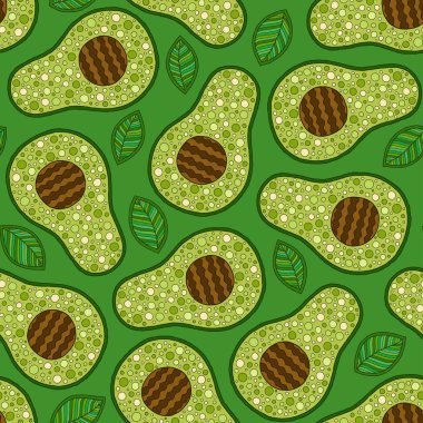 Yeşil arkaplanda Avokado çizgi filmi kusursuz desen.