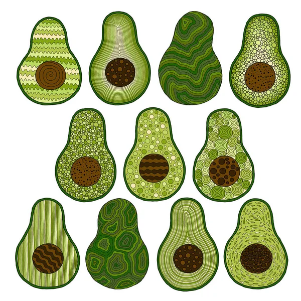 Set Illustrazioni Avocado Doodle Illustrazione Dettagliata Isolato Biglietti Auguri Stampa — Vettoriale Stock