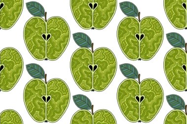 Taze yeşil elma arkaplanı, elle çizilmiş. Duvar kâğıdı. Taze meyveli renksiz desen. Mutfak tekstili, kumaş, kağıt için.. 