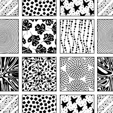 Vektör karo deseni. El yapımı mozaik pürüzsüz siyah beyaz süsleme.