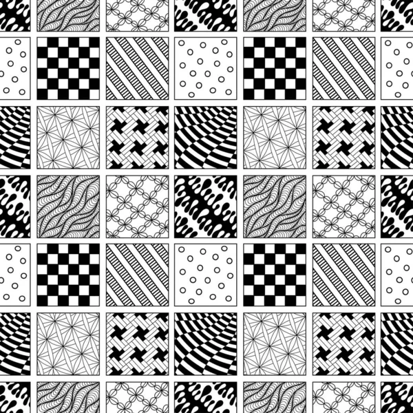 Patrón Teja Garabato Vectorial Mosaico Dibujado Mano Adorno Blanco Negro — Archivo Imágenes Vectoriales